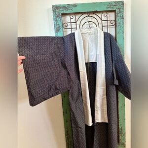 Japanese Haori Kimono Jacket – Navy Woven with Ivory Lining